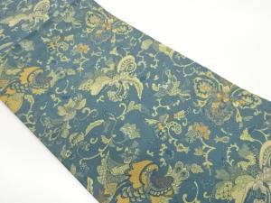 萬葉製　花唐草に古典柄模様織出し開き名古屋帯（額縁仕立て）